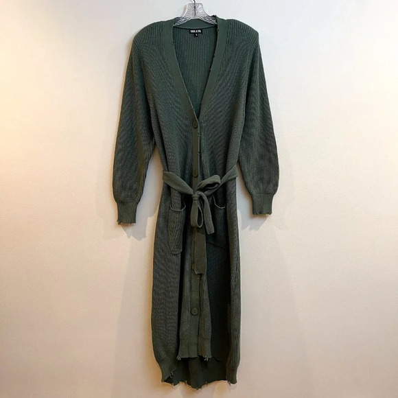SER.O.YA Amanda Green Knit V Neck Tie Waist Button Down Sweater Maxi Dress L - Picture 2 of 13